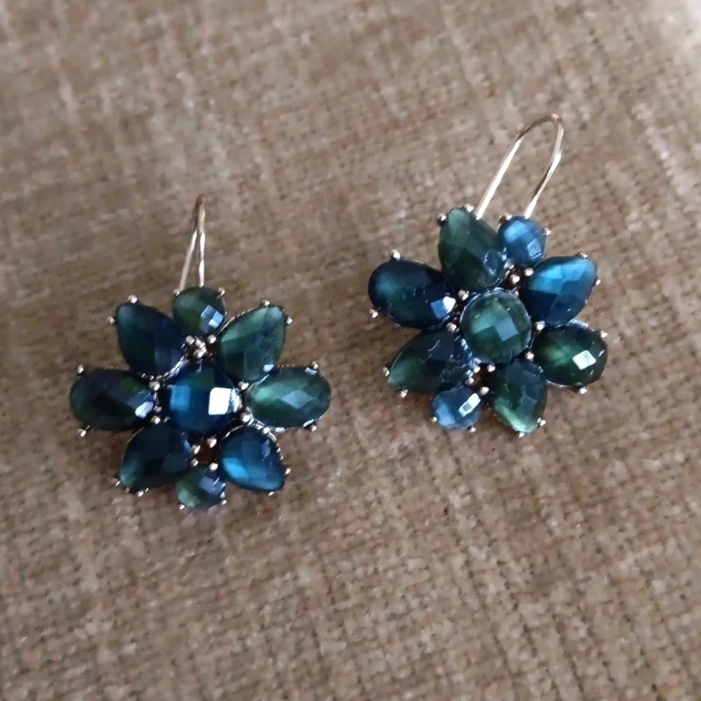 Liz Claiborne Gold Tone Blue/Green Rhinestone Flower Drop Earrings